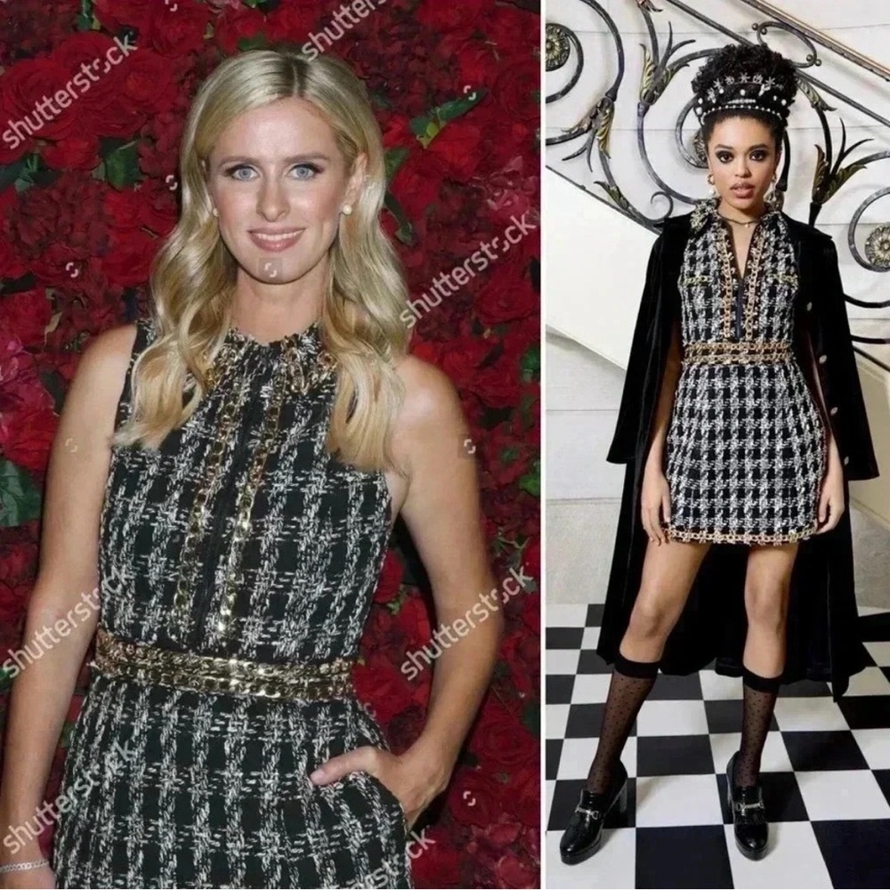 Alice + Olivia Black and White Tweed Dress with Gold Chain Accents